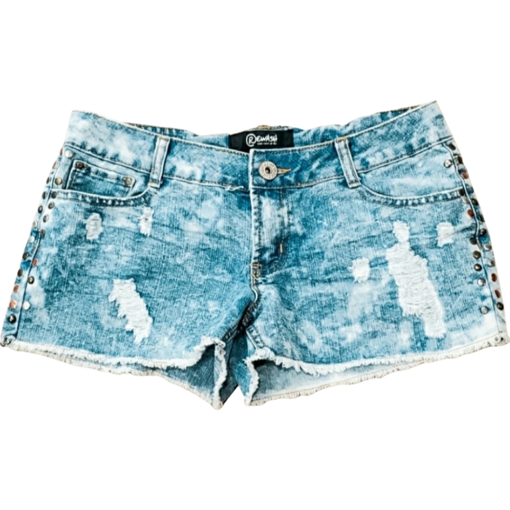 Acid Wash REWASH Rivet Cut Off Denim Jean Shorts